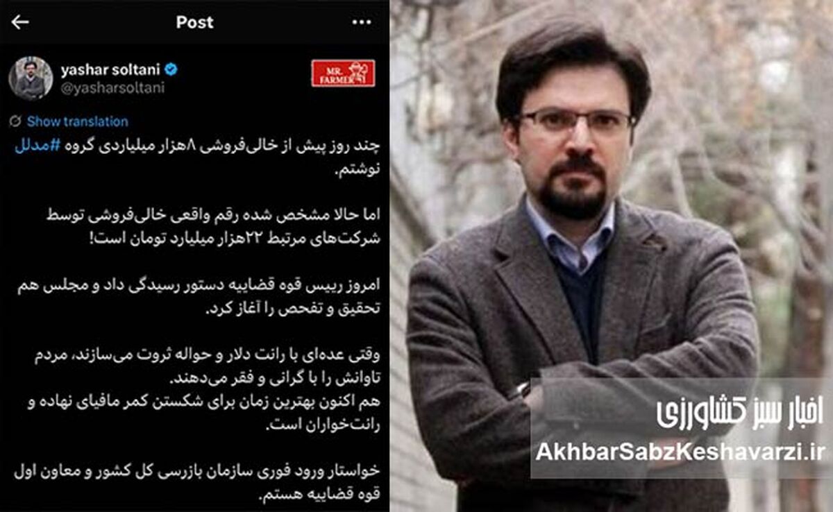 توییت یاشار سلطانی درباره خالی‌فروشی ۲۲‌هزار میلیاردی گروه مدلل و ورود قوه قضاییه به ماجرا